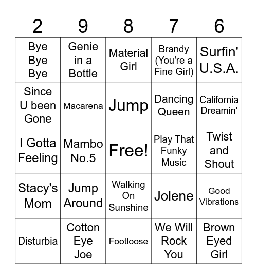 Songs of the Decades Bingo Card