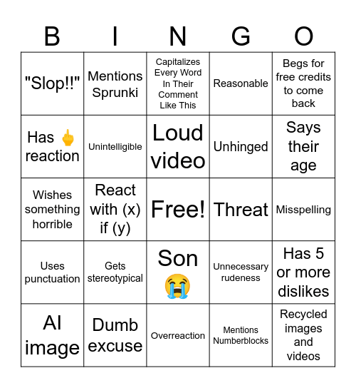 Websim Comment Bingo Card