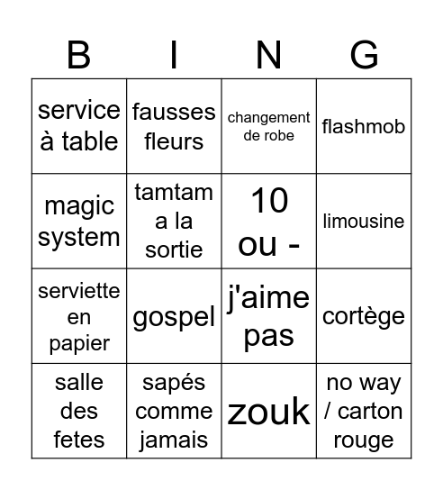 Mariage Bingo Card