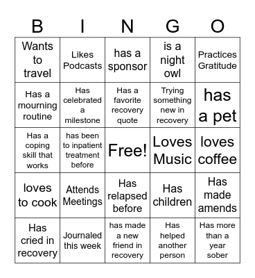 Recovery Bingo : Bingo Card