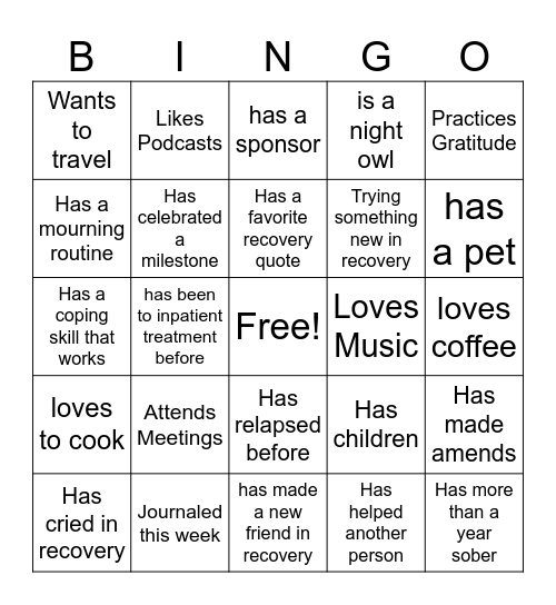 Recovery Bingo : Bingo Card