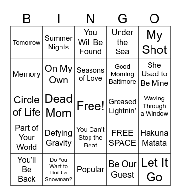 Musical Bingo Card