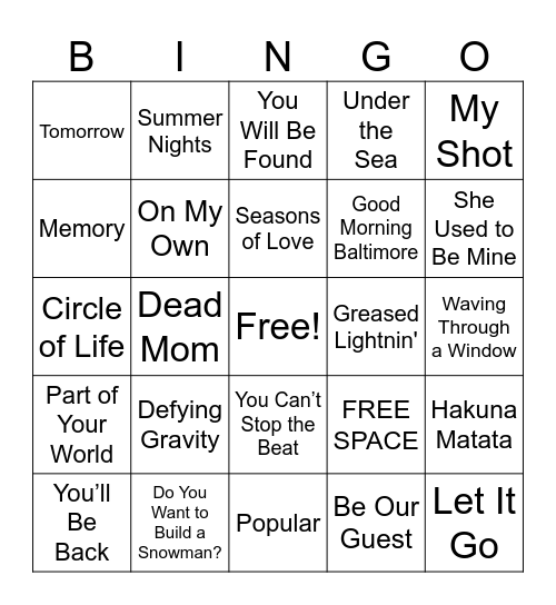 Musical Bingo Card