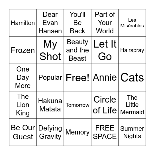 Musical Bingo Card