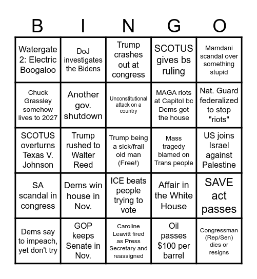 Politics Bingo (After June 2026 until January 2028) Bingo Card