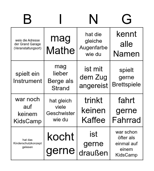 KidsCamp Bingo Card