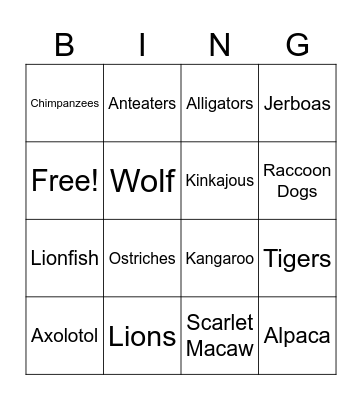Exotic Pets Bingo Card