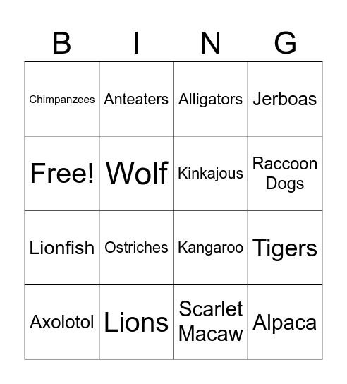 Exotic Pets Bingo Card