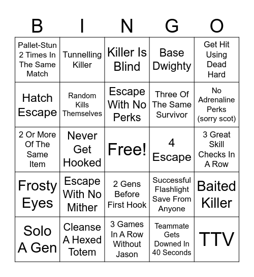 Dbd Survivor Bingo Card