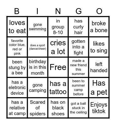 Wohl Summer Camp 2026 Bingo Card