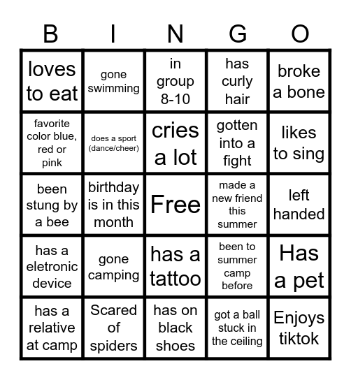 Wohl Summer Camp 2026 Bingo Card
