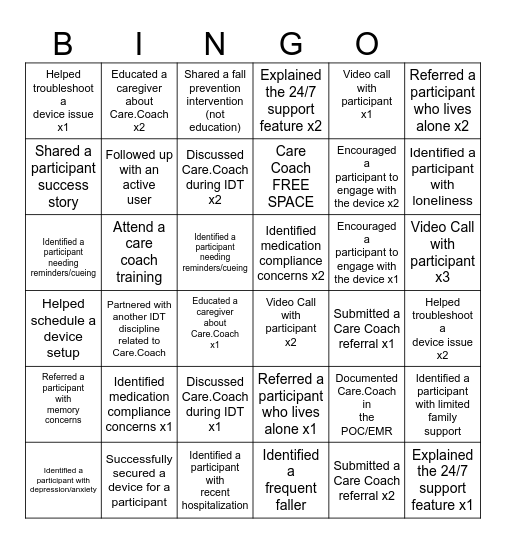 Care.Coach Bingo Card
