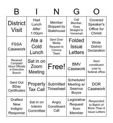 House Staff Bingo Card