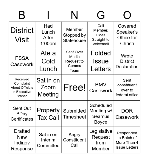 House Staff Bingo Card