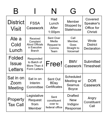 House Staff Bingo Card
