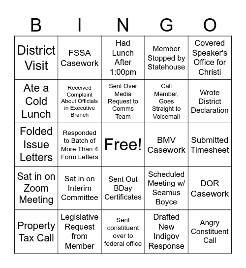 House Staff Bingo Card