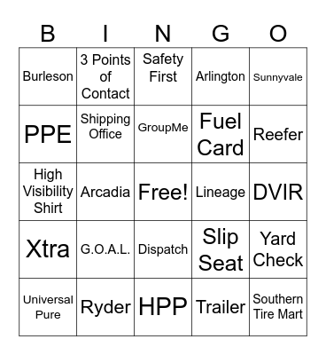 Transportation Bingo Card