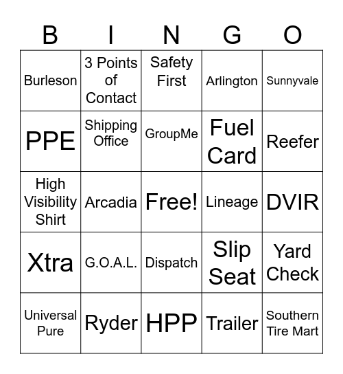 Transportation Bingo Card