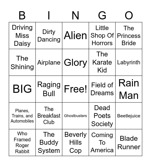 It Was Acceptable In The 80s - Film Bingo Card