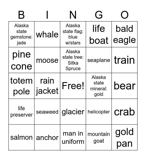 Alaska Bingo Card