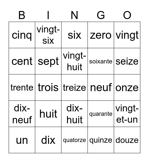 French Numbers Bingo Card