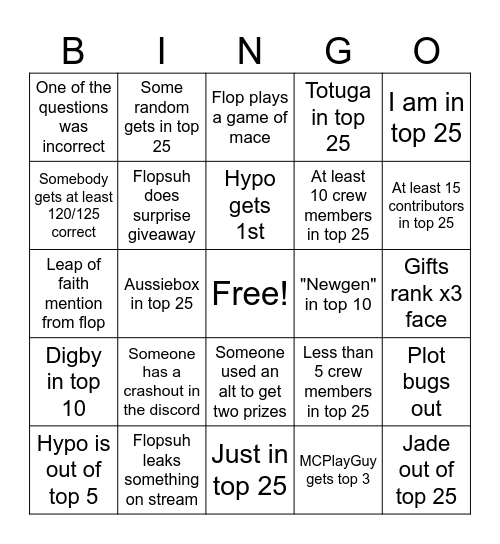 MR Trivia Bingo Card