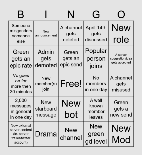 The mountain server bingo Card