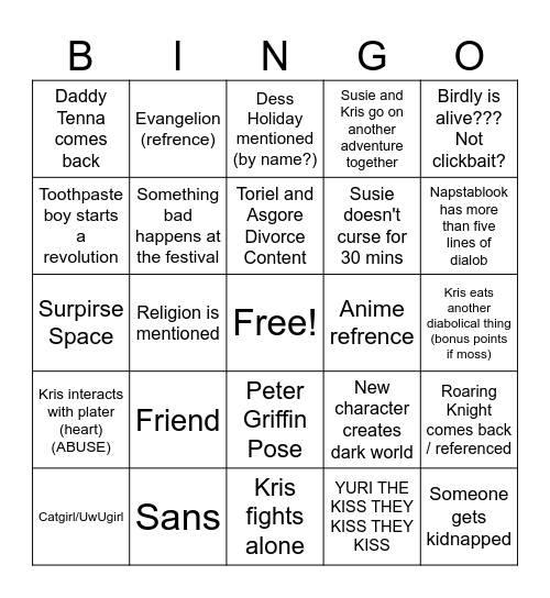 Deltarune Chapter Five Bingo Card