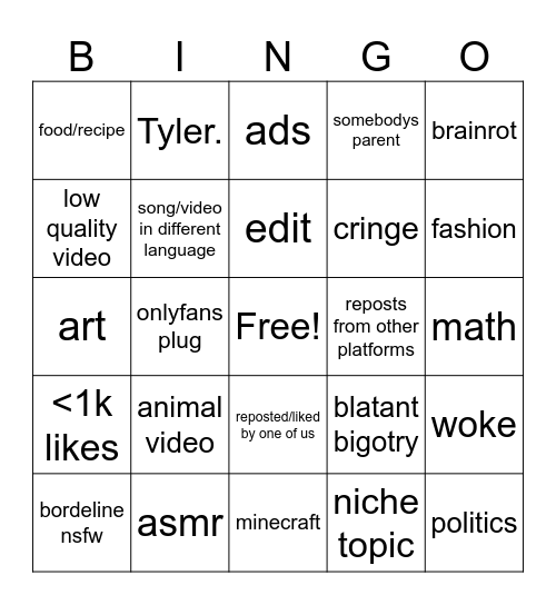 instagram bingo Card