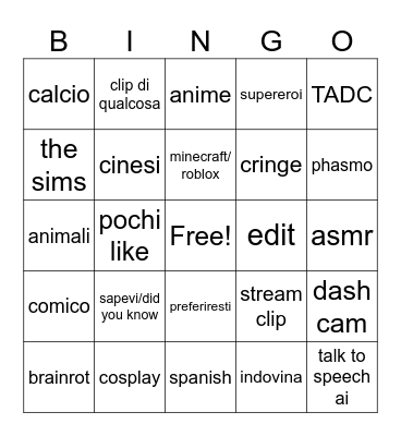 Youtube shorts Bingo Card
