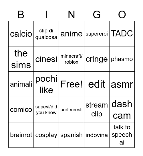 Youtube shorts Bingo Card