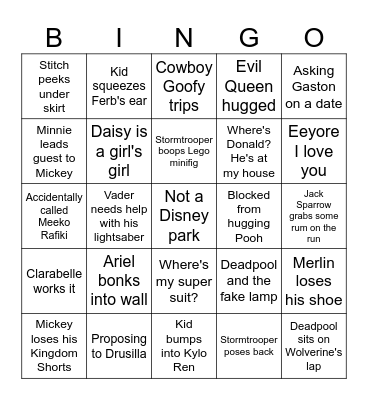 Disneyland Funny Moments Bingo Card