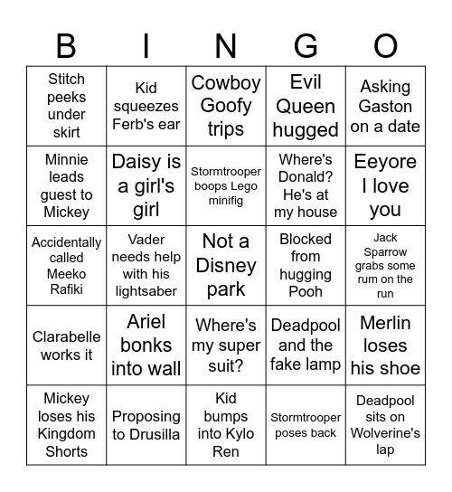 Disneyland Funny Moments Bingo Card