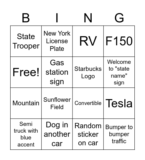 Cali Road Trip! Bingo Card