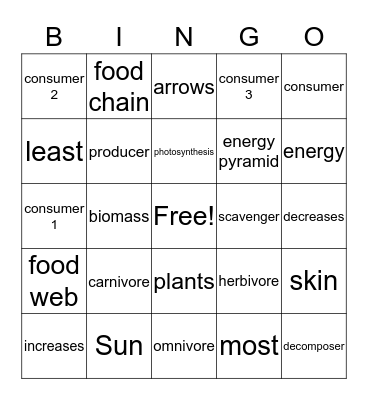 Food Chains, Webs, and Energy Pyramids Bingo Card