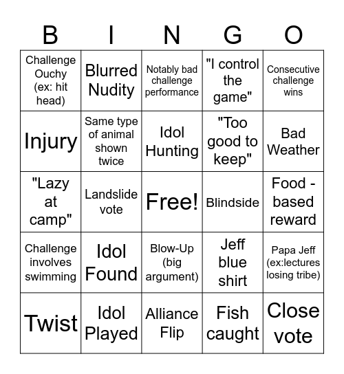 Survivor Bingo Card