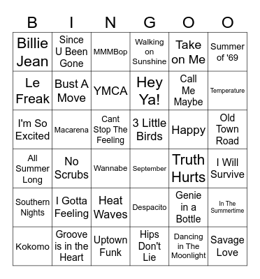 Summer Hits Bingo Card