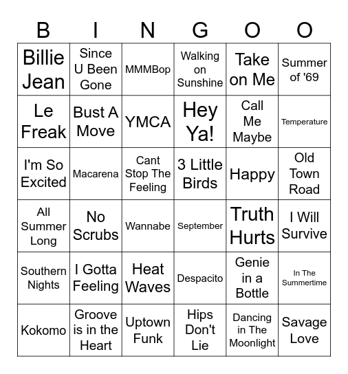 Summer Hits Bingo Card
