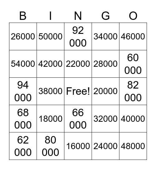 100000 Bingo Card