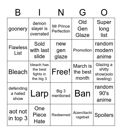 ANIME HOTTAKES BINGO Card