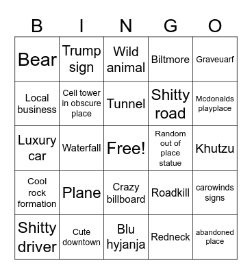 NC road trip Bingo Card