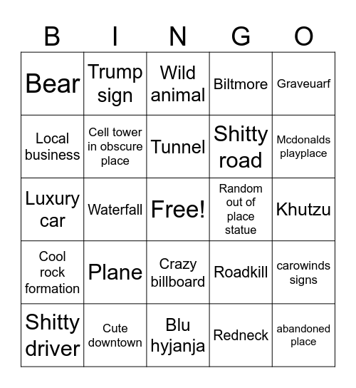 NC road trip Bingo Card
