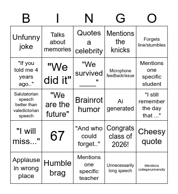 Valedictorian speech bingo Card