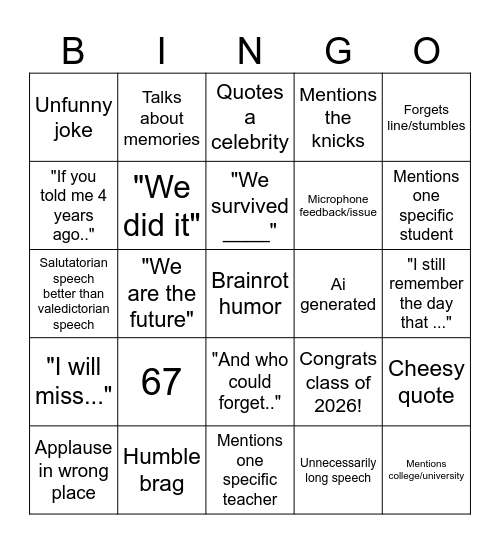 Valedictorian speech bingo Card