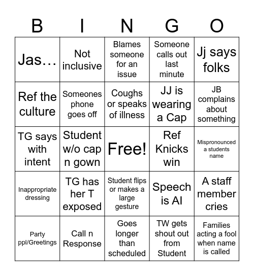 VIA Graduation Bingo Card