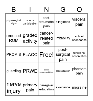 Pediatric Persistent Pain Bingo Card
