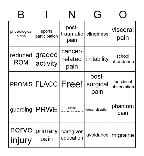 Pediatric Persistent Pain Bingo Card