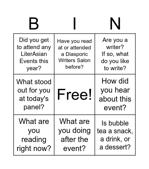 LiterAsian + Diasporic Writers Salon BINGO Card