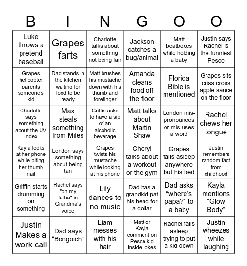 Pesce Family Bingo Card