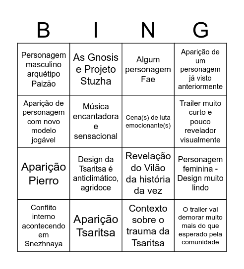 Snezhnaya Trailer Bingo Card